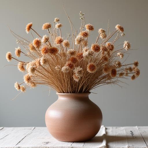 An artistic and long-lasting dried floral arrangement in a ceramic vase.
